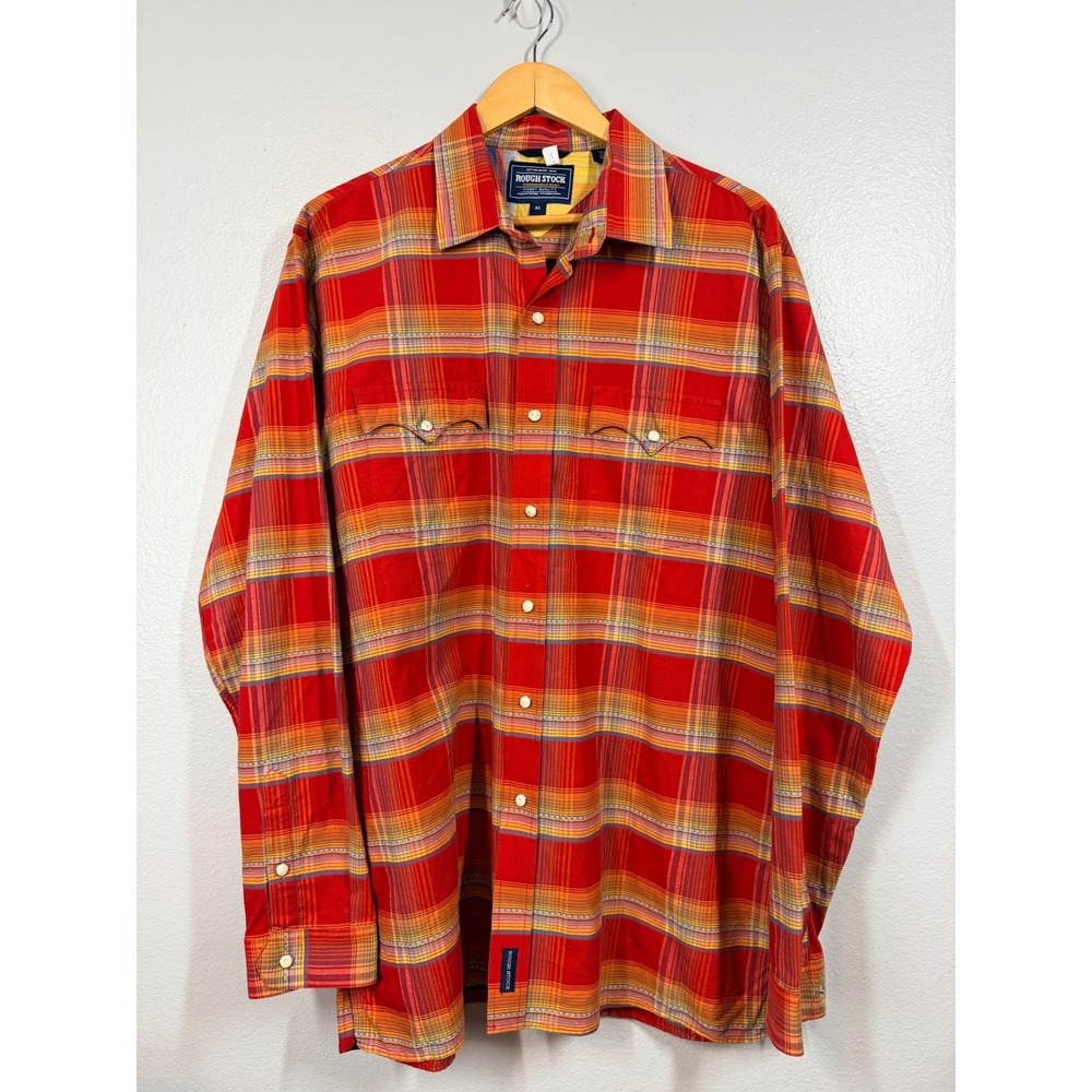 Rough Stock Shirt Men's XL Red Orange Plaid Panhandle Slim‎ Snaps Roper Western